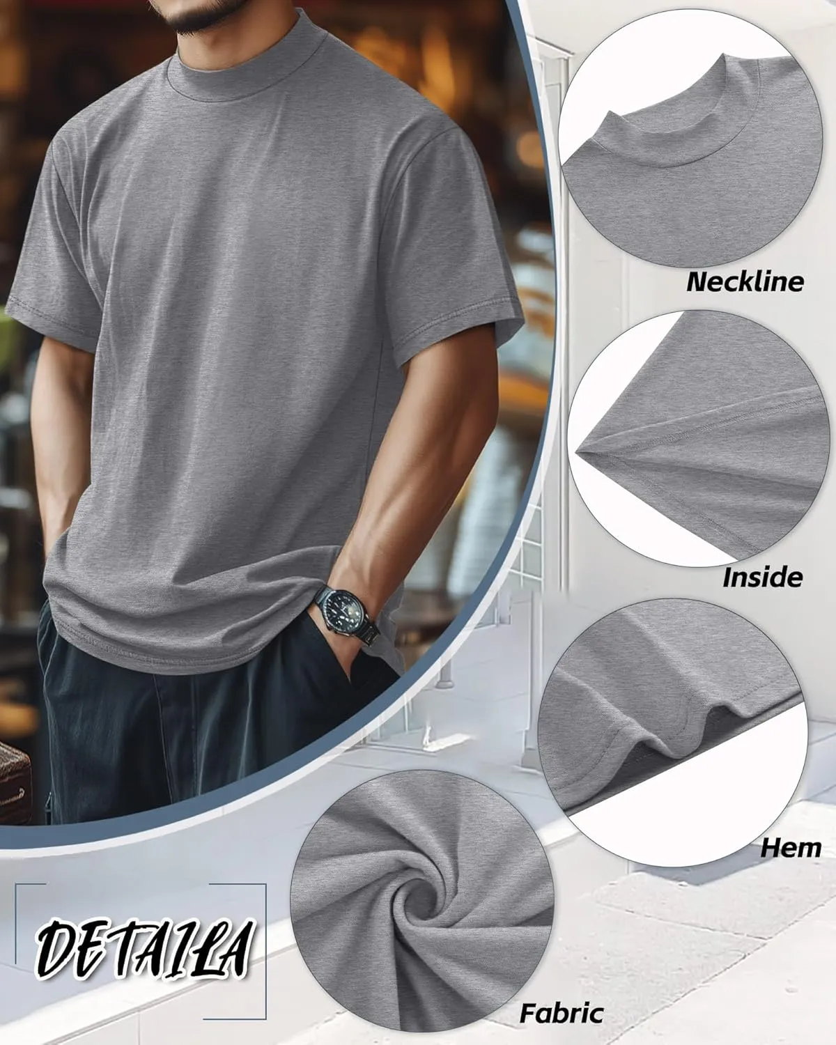 Riyiper 3 Pack Big and Tall Men's Mock Turtleneck Shirt Short Sleeve Cotton Basic Tops Slim Fit Casual Undershirt Tops