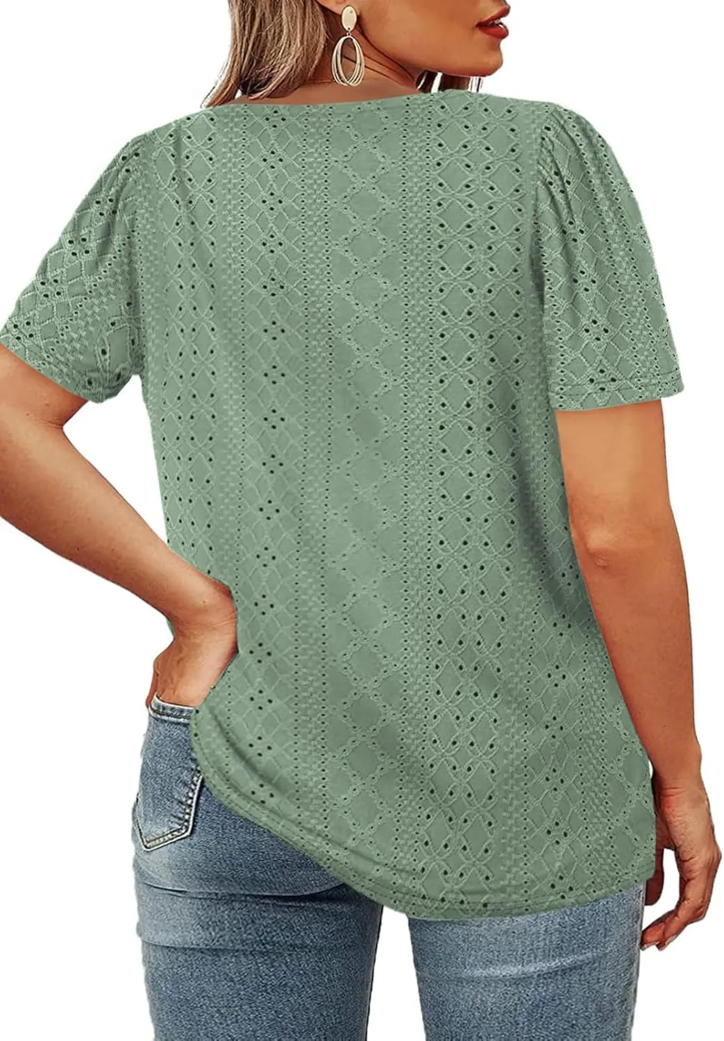 ROSRISS Womens Plus-Size Tops Summer Short Sleeve V Neck Eyelet Shirts