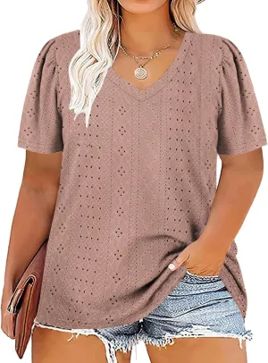 ROSRISS Womens Plus-Size Tops Summer Short Sleeve V Neck Eyelet Shirts
