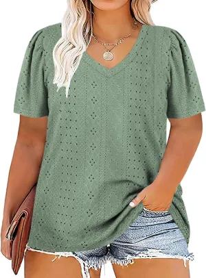 ROSRISS Womens Plus-Size Tops Summer Short Sleeve V Neck Eyelet Shirts