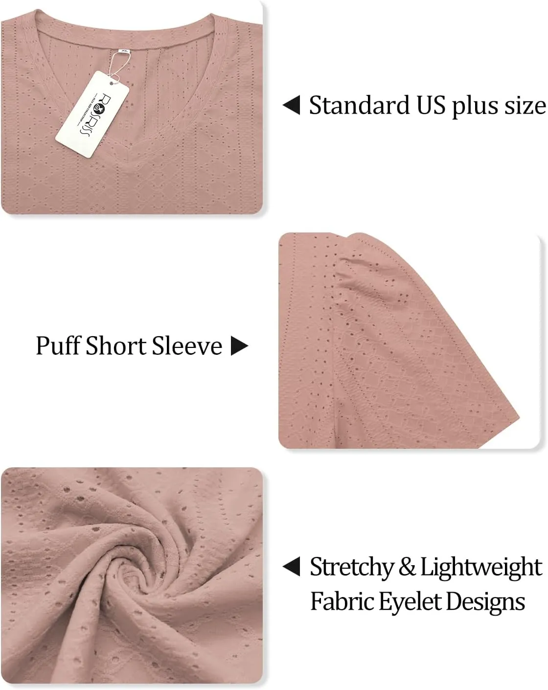 ROSRISS Womens Plus-Size Tops Summer Short Sleeve V Neck Eyelet Shirts