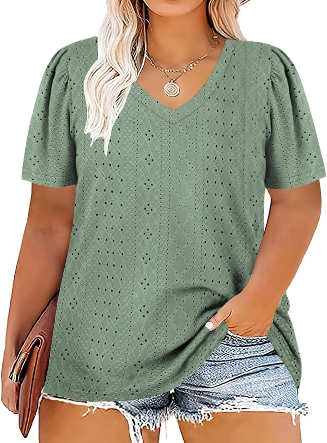 ROSRISS Womens Plus-Size Tops Summer Short Sleeve V Neck Eyelet Shirts