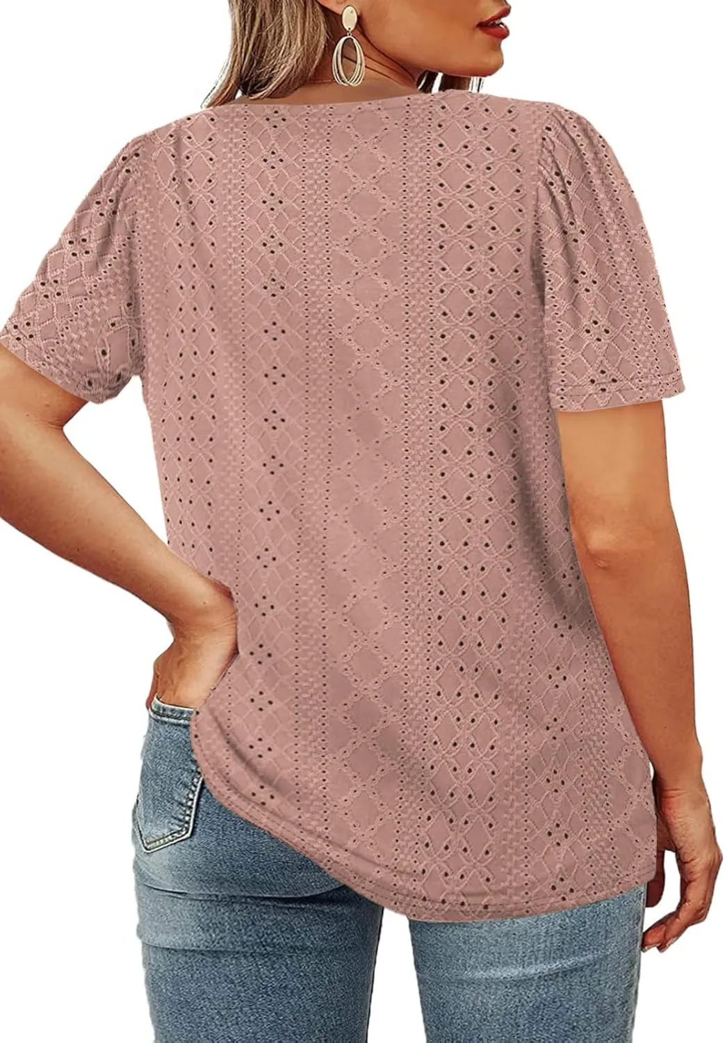 ROSRISS Womens Plus-Size Tops Summer Short Sleeve V Neck Eyelet Shirts