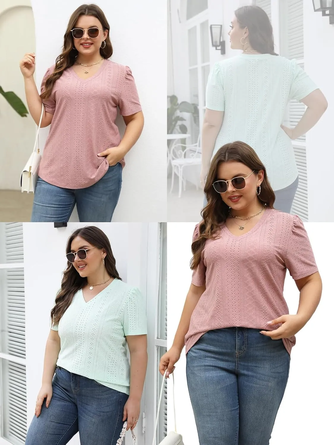 ROSRISS Womens Plus-Size Tops Summer Short Sleeve V Neck Eyelet Shirts