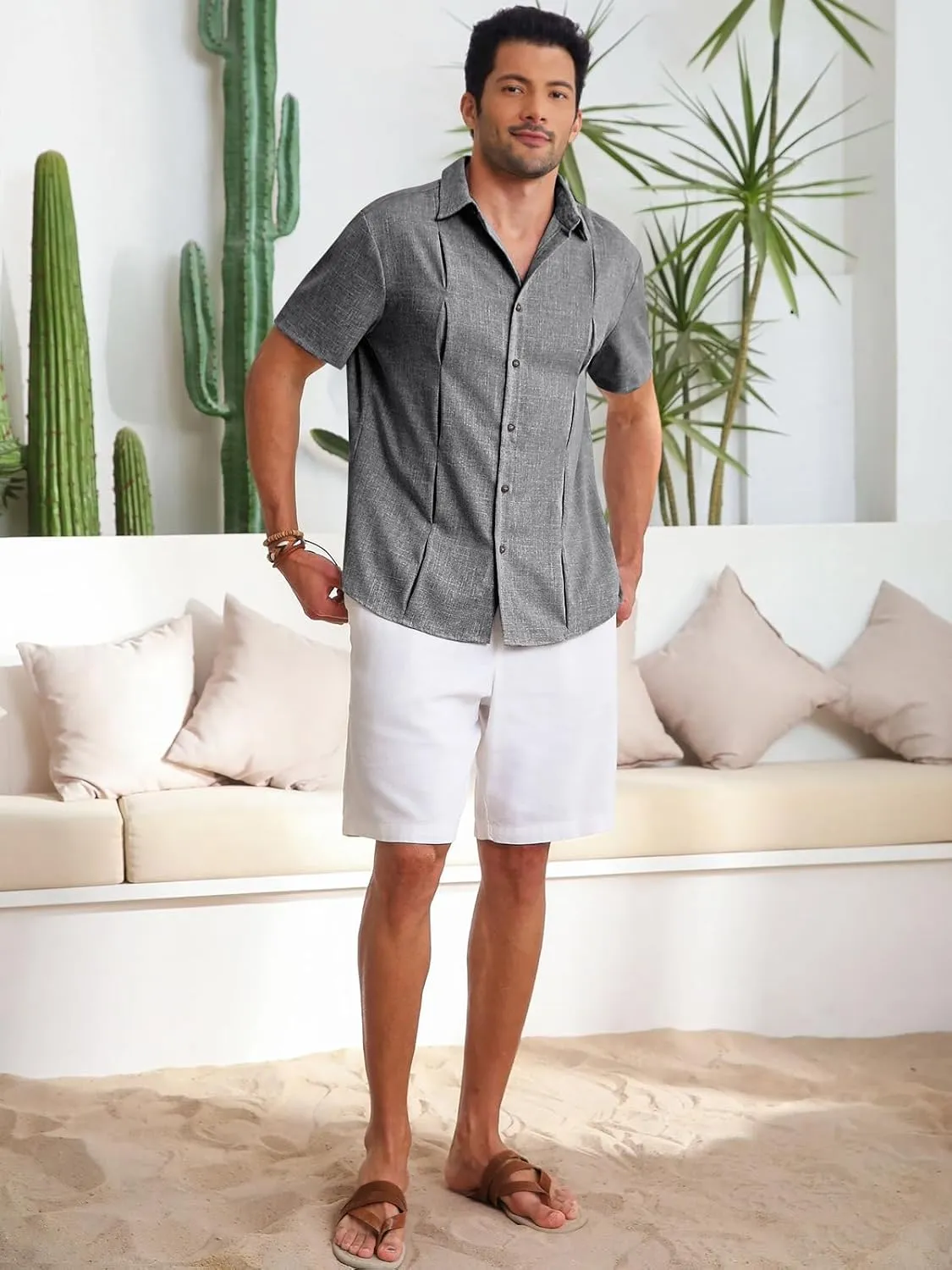 Runcati Mens Cuban Guayabera Shirts Button Down Casual Short Sleeve Shirt Linen Summer Beach Hippie Tops