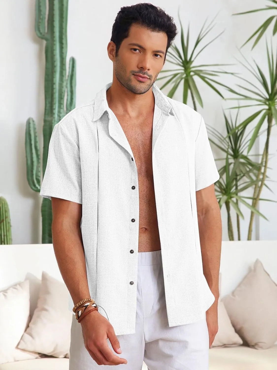 Runcati Mens Cuban Guayabera Shirts Button Down Casual Short Sleeve Shirt Linen Summer Beach Hippie Tops