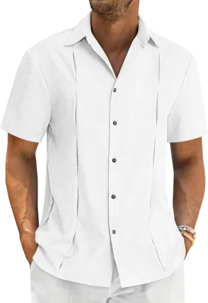 Runcati Mens Cuban Guayabera Shirts Button Down Casual Short Sleeve Shirt Linen Summer Beach Hippie Tops