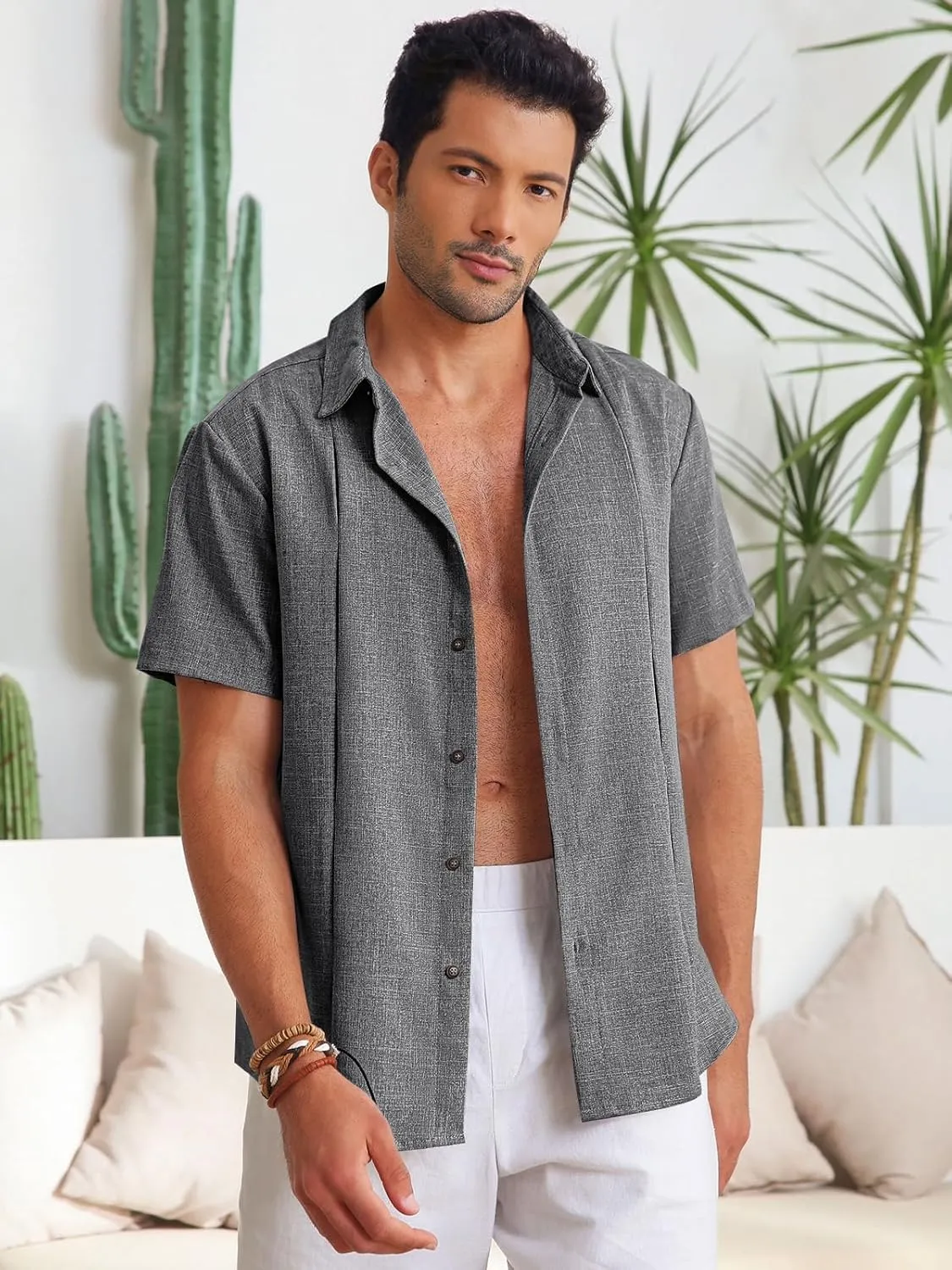 Runcati Mens Cuban Guayabera Shirts Button Down Casual Short Sleeve Shirt Linen Summer Beach Hippie Tops
