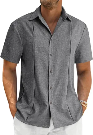 Runcati Mens Cuban Guayabera Shirts Button Down Casual Short Sleeve Shirt Linen Summer Beach Hippie Tops