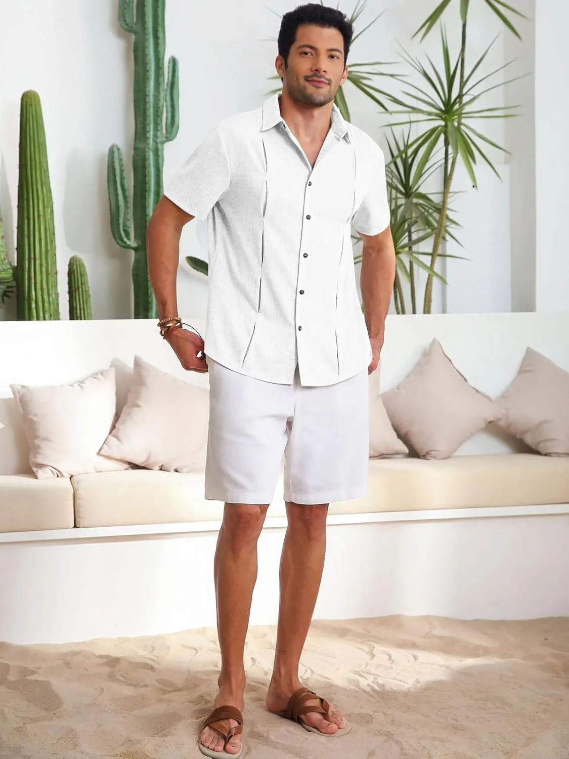 Runcati Mens Cuban Guayabera Shirts Button Down Casual Short Sleeve Shirt Linen Summer Beach Hippie Tops