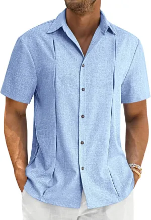Runcati Mens Cuban Guayabera Shirts Button Down Casual Short Sleeve Shirt Linen Summer Beach Hippie Tops