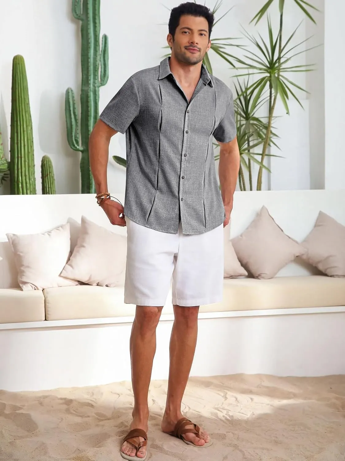 Runcati Mens Cuban Guayabera Shirts Button Down Casual Short Sleeve Shirt Linen Summer Beach Hippie Tops