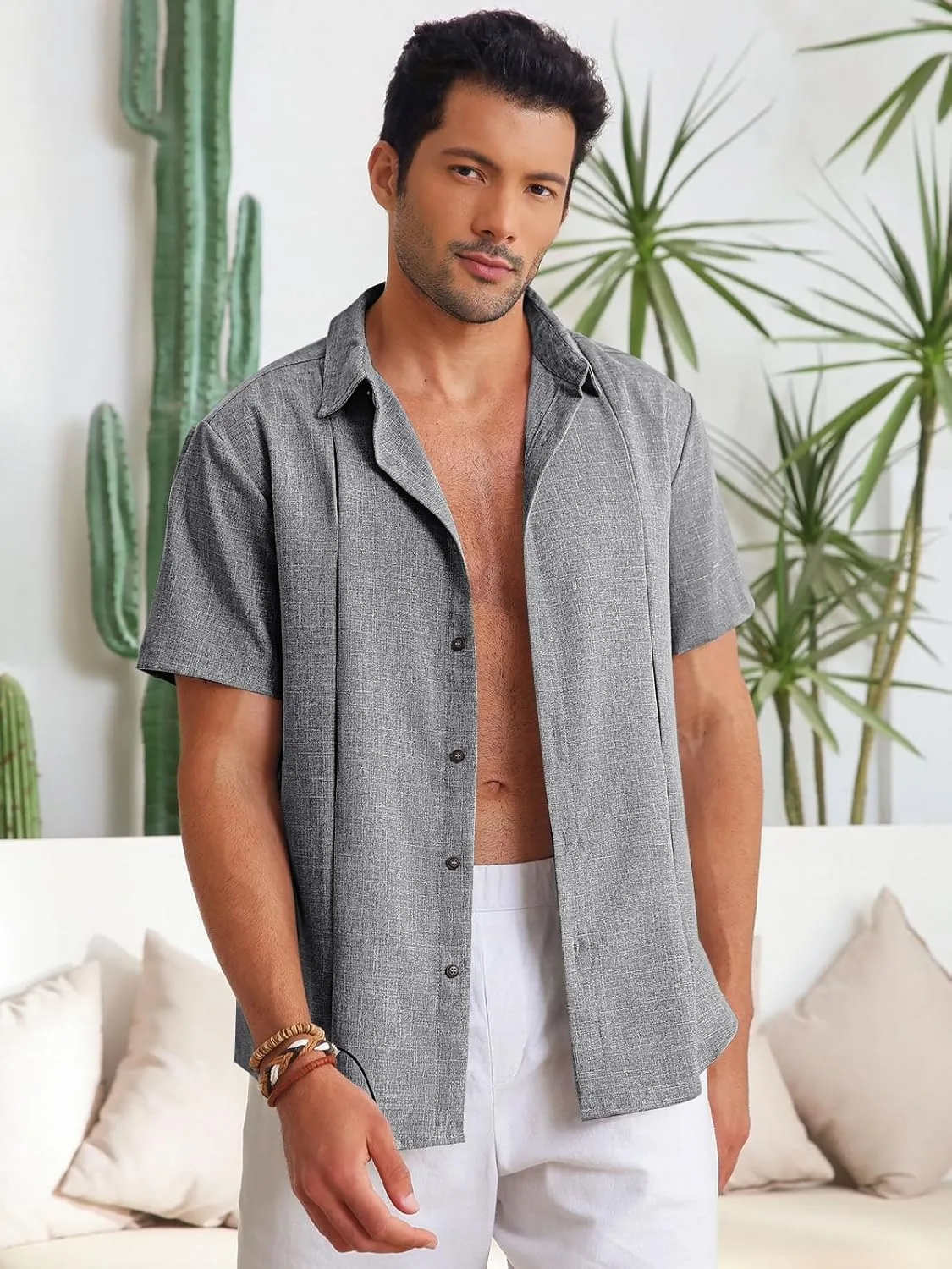 Runcati Mens Cuban Guayabera Shirts Button Down Casual Short Sleeve Shirt Linen Summer Beach Hippie Tops