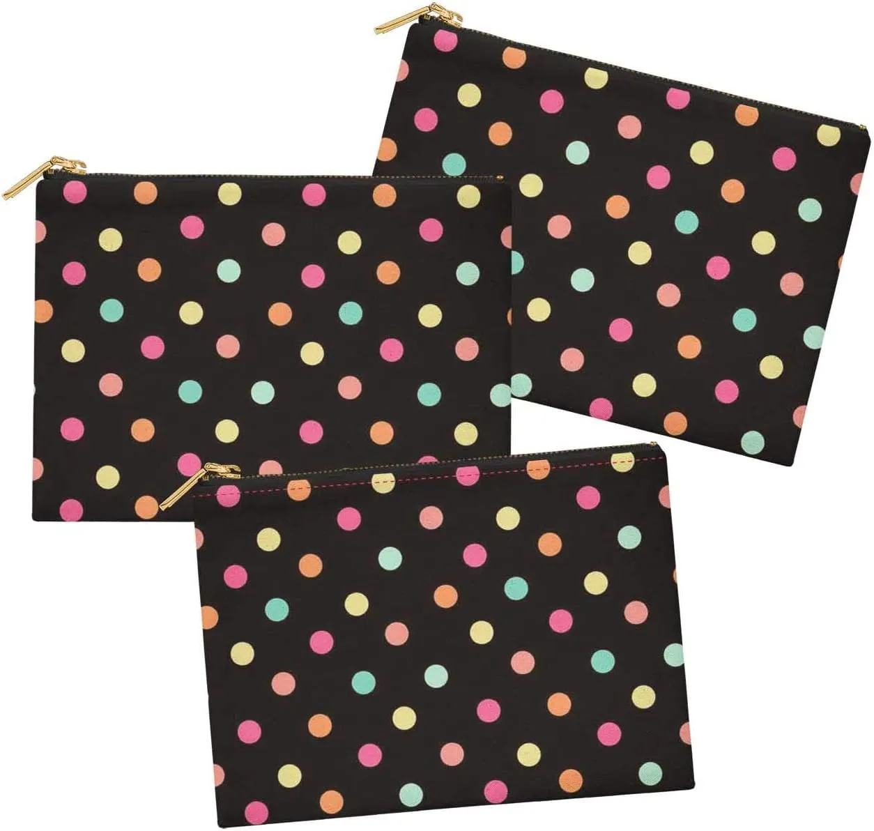 S4Sassy Black Colorful Polka Dot Mix 3 Pc Printed Multipurpose Zipper Make Up Pouch Toiletry Bag Organizer-6 x 8 Inches
