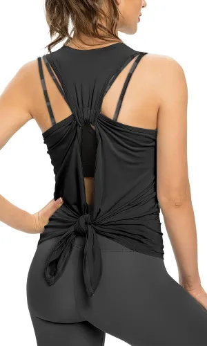 Sanutch Open Back Workout Top Backless Yoga Shirts Tie Back Workout Tank for Women