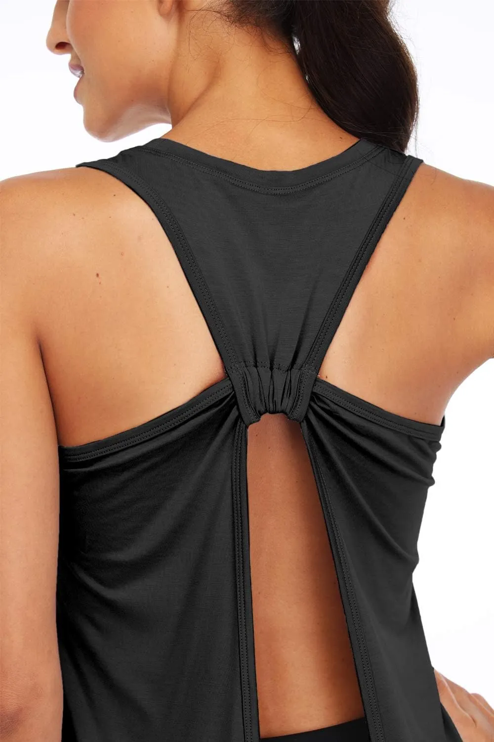 Sanutch Open Back Workout Top Backless Yoga Shirts Tie Back Workout Tank for Women