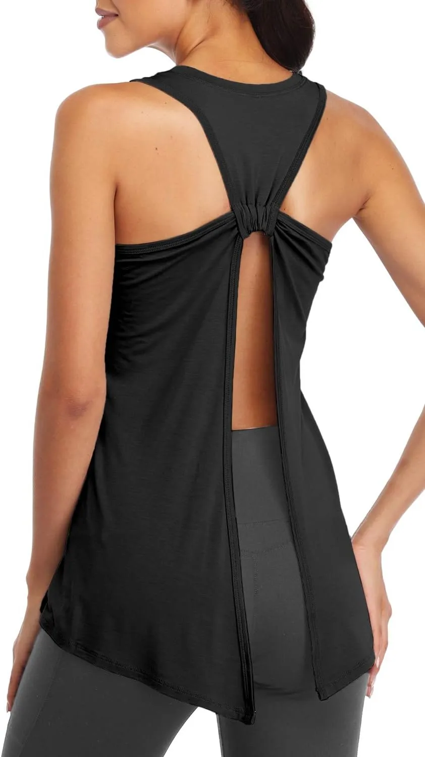 Sanutch Open Back Workout Top Backless Yoga Shirts Tie Back Workout Tank for Women
