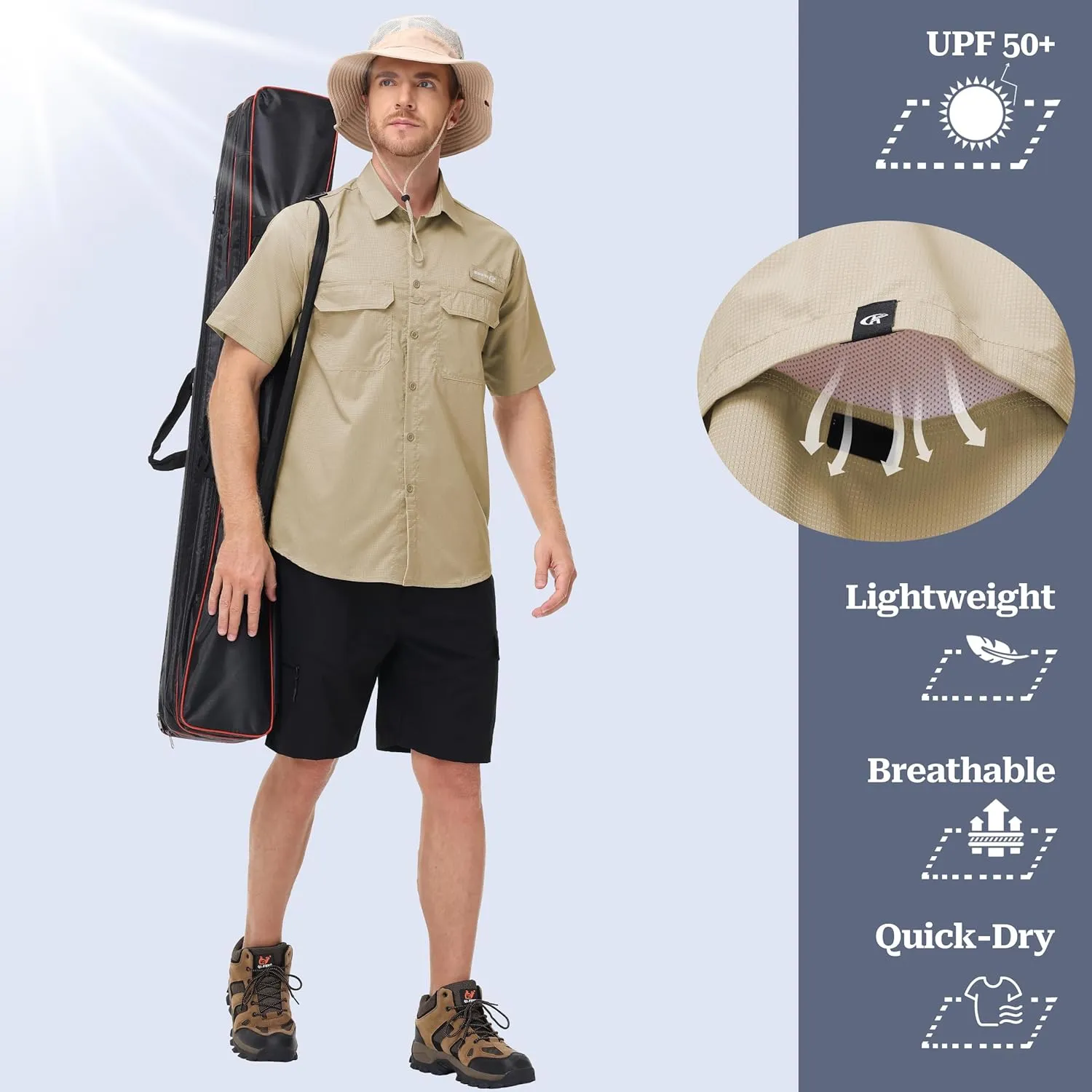 Satankud Fishing Shirts for Men Short Sleeve Sun Protection Cooling Hiking Shirt for Travel Safari Camping Work