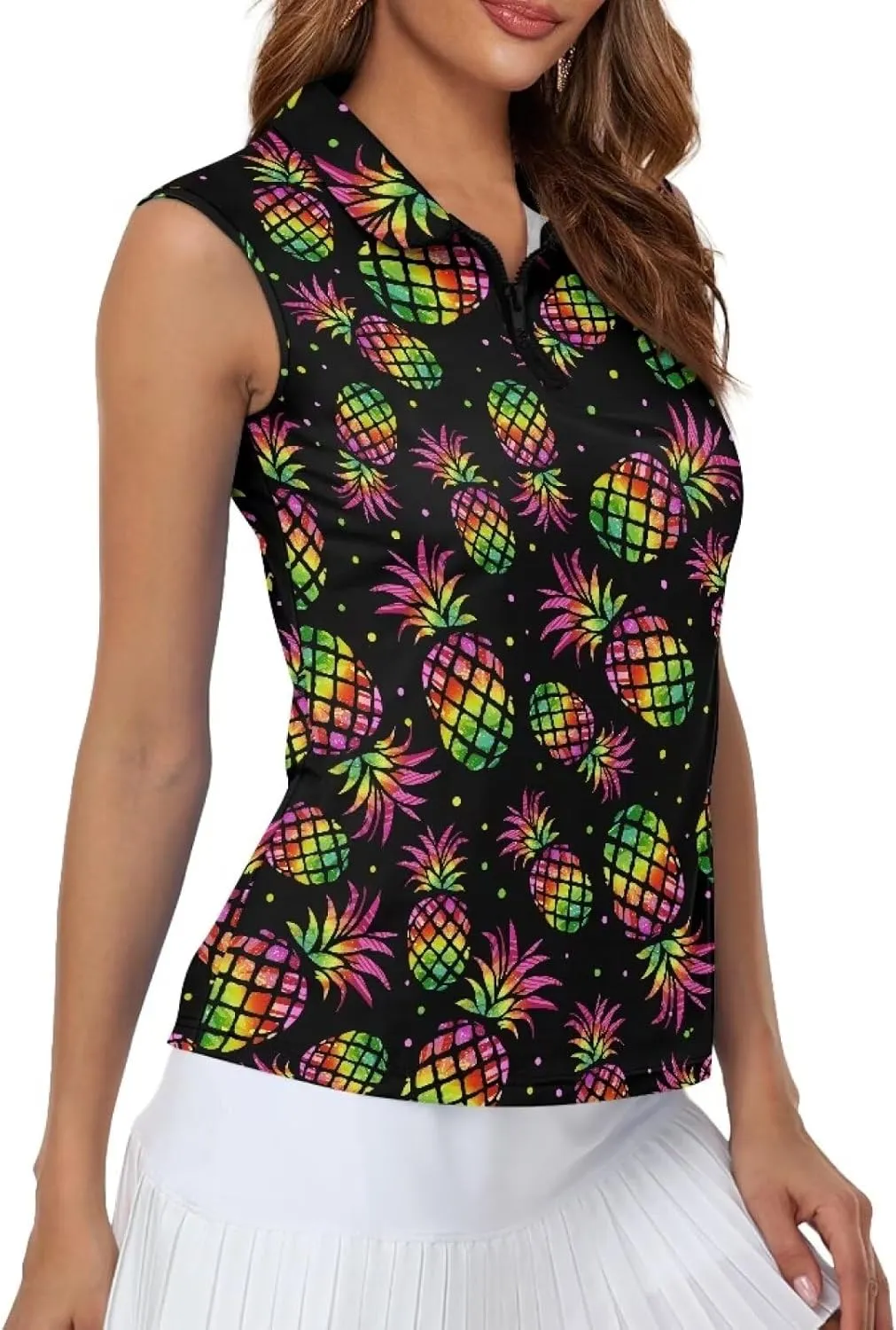Sleeveless Golf Shirt for Women Zip Up Racerback Lightweight Tennis Shirts V Neck Quick Dry Athletic Golf Tank Top