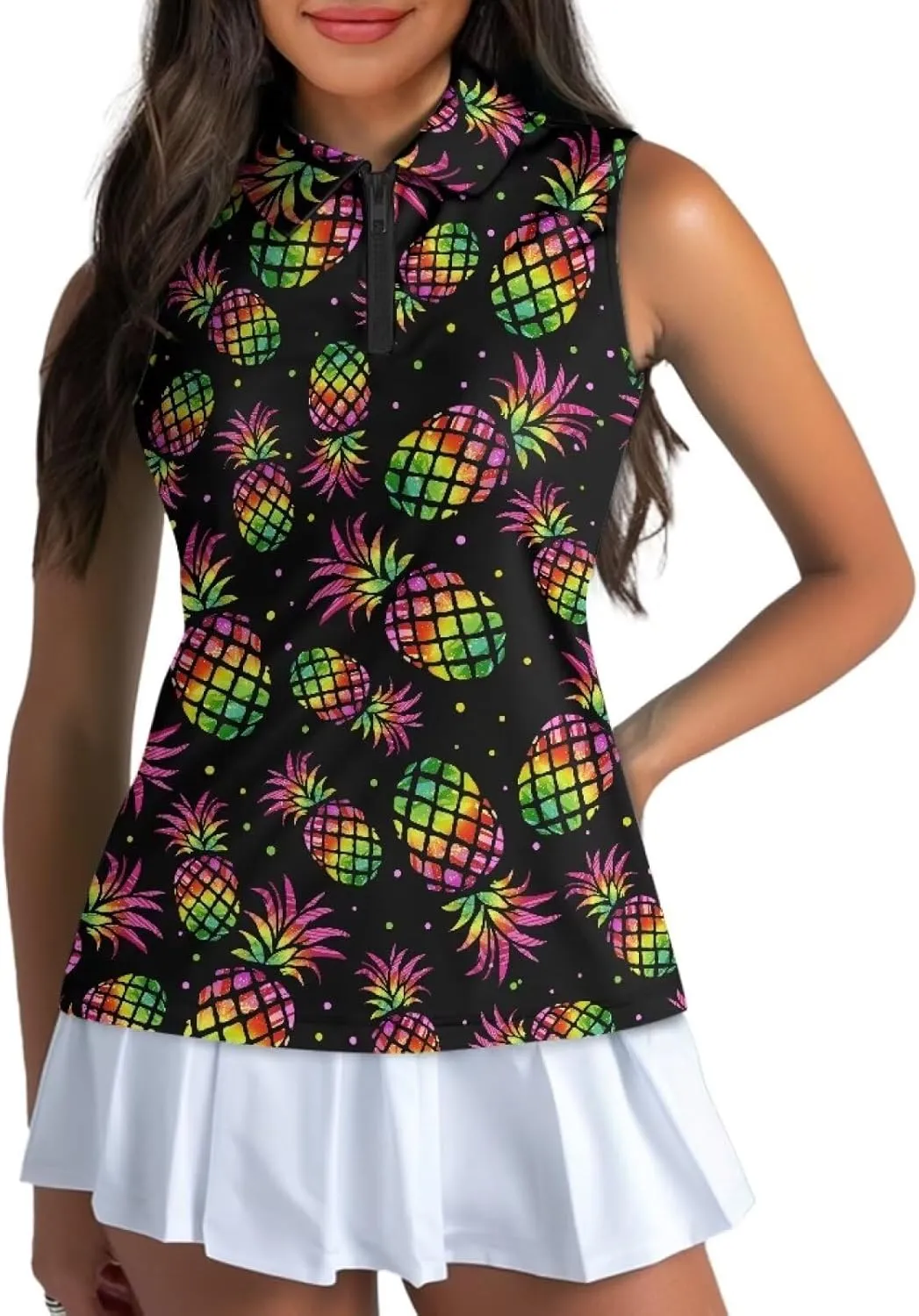 Sleeveless Golf Shirt for Women Zip Up Racerback Lightweight Tennis Shirts V Neck Quick Dry Athletic Golf Tank Top