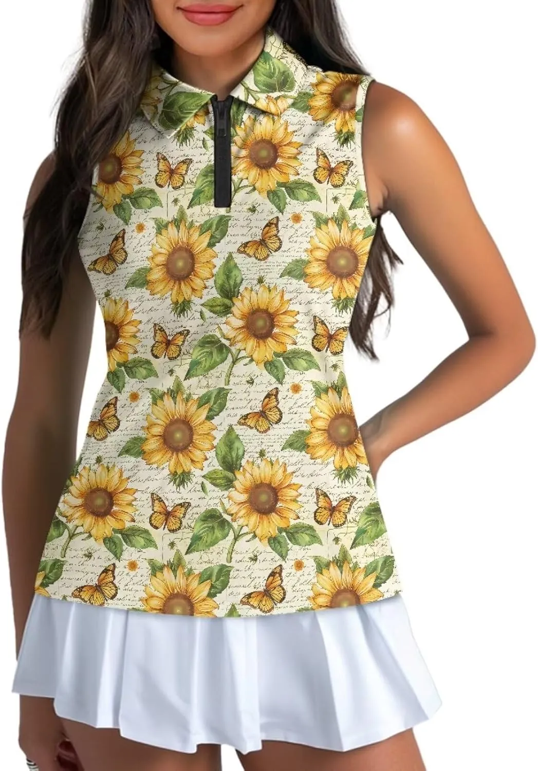Sleeveless Golf Shirt for Women Zip Up Racerback Lightweight Tennis Shirts V Neck Quick Dry Athletic Golf Tank Top