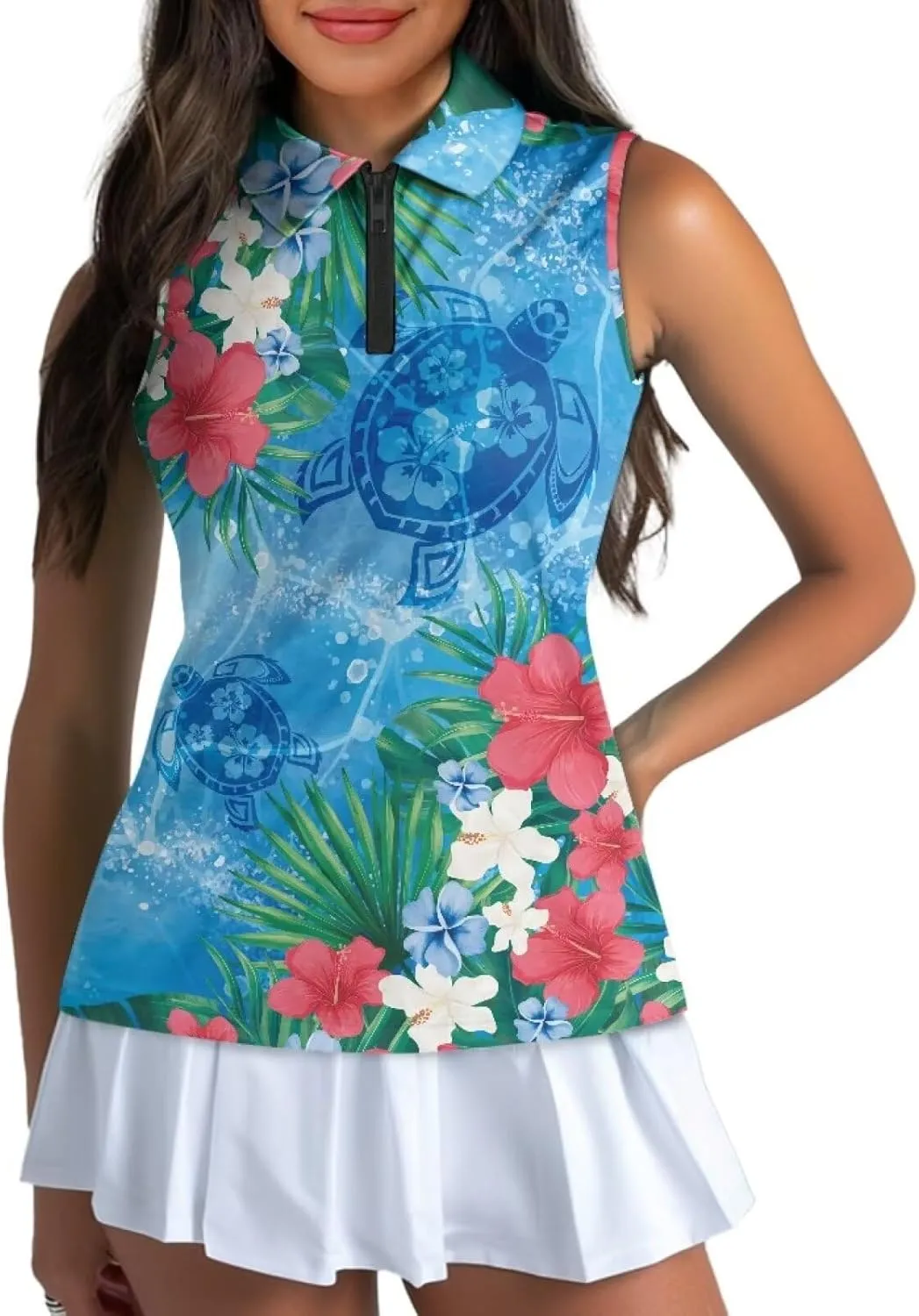 Sleeveless Golf Shirt for Women Zip Up Racerback Lightweight Tennis Shirts V Neck Quick Dry Athletic Golf Tank Top