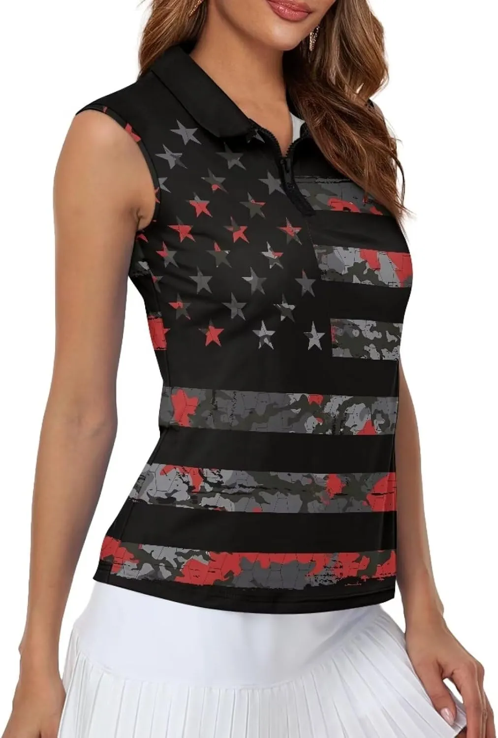 Sleeveless Golf Shirt for Women Zip Up Racerback Lightweight Tennis Shirts V Neck Quick Dry Athletic Golf Tank Top