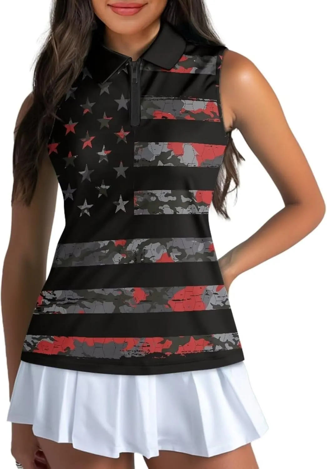 Sleeveless Golf Shirt for Women Zip Up Racerback Lightweight Tennis Shirts V Neck Quick Dry Athletic Golf Tank Top