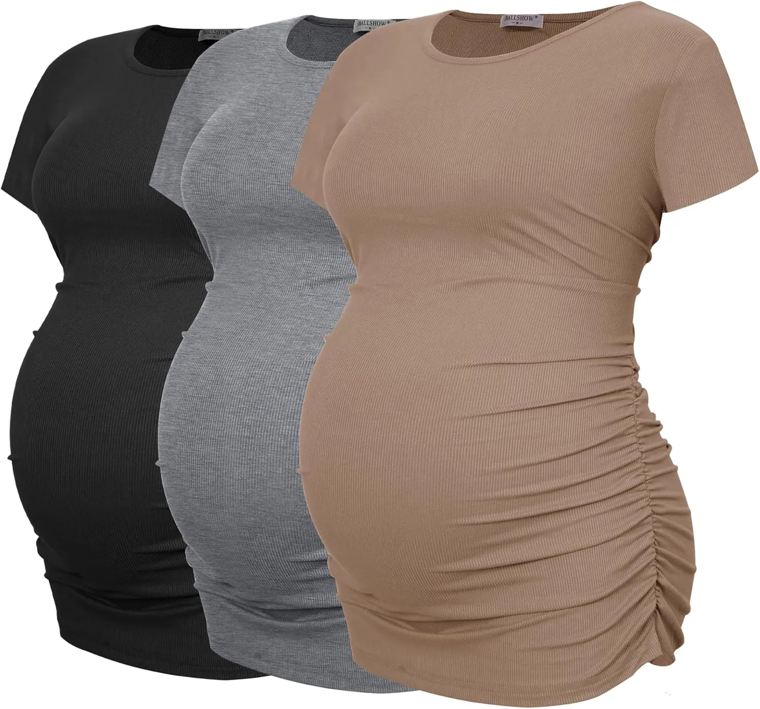 Smallshow Women's Maternity Shirts Ribbed Ruched Pregnancy Clothes Tops 3 Packs