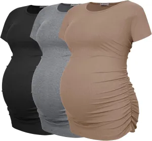 Smallshow Women's Maternity Shirts Ribbed Ruched Pregnancy Clothes Tops 3 Packs