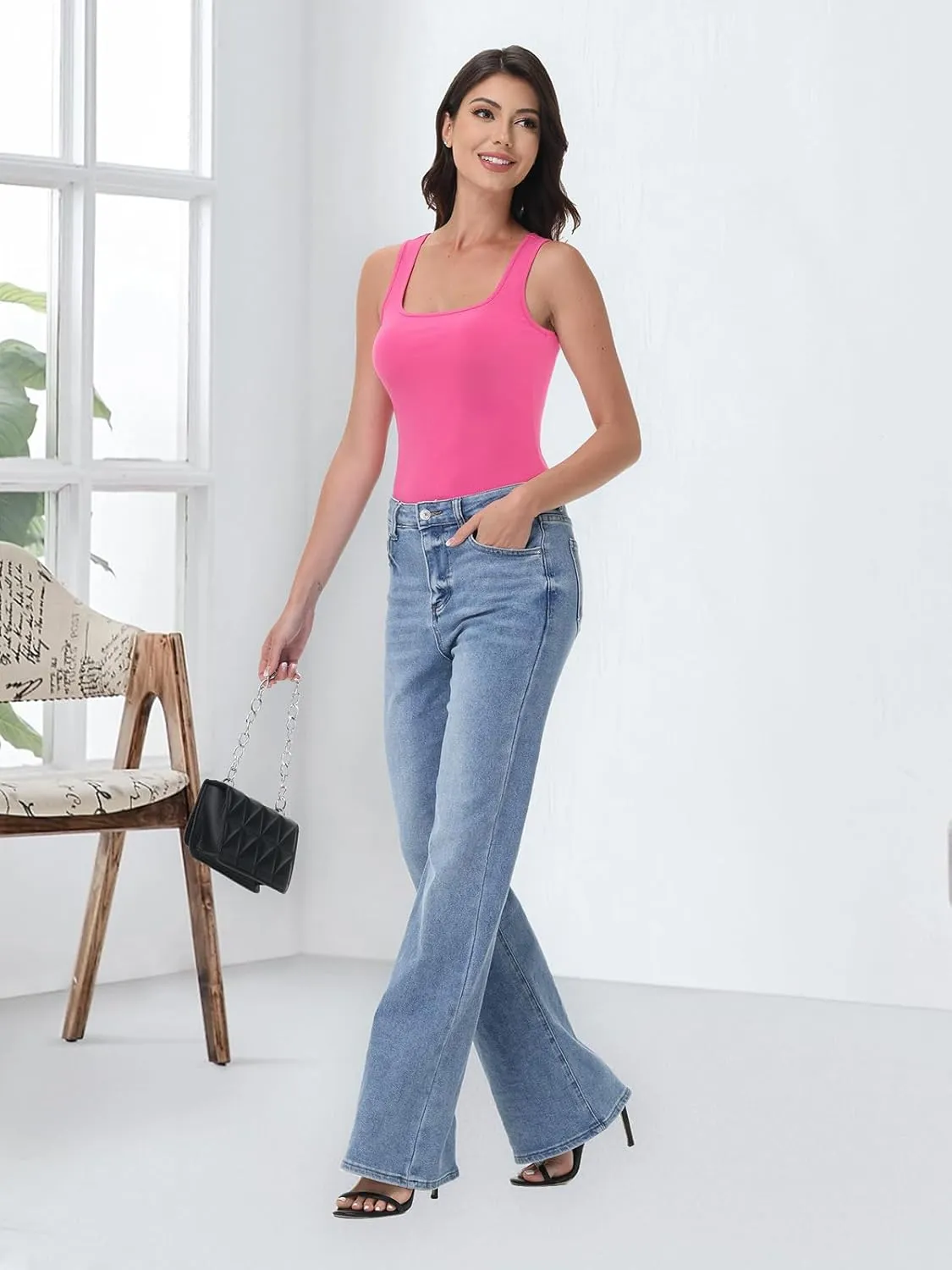SMENG Womens Square Neck Tank Top Women Ribbed Slimt Fit Sleeveless Casual Summer Shirts