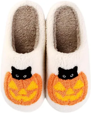 Smile Face Pumpkin Lanterns Slippers Plush Bowknot Slippers Warm Spook Slippers Cozy Indoor Outdoor Halloween House Shoes