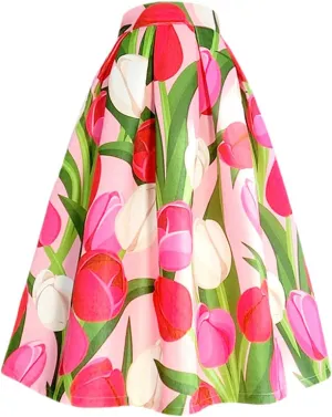 Spring Summer Korean Vintage Women Pink Tulip Floral Print High Waist Pleated Midi Skirt
