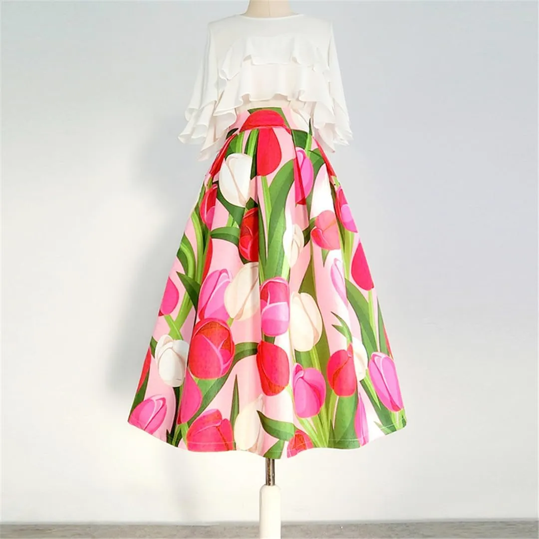Spring Vintage Elegant Korean Pink Tulips Floral High Waist Pleated Long Midi Skirt Party Festival