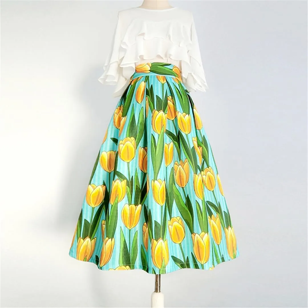 Spring Vintage Elegant Korean Pink Tulips Floral High Waist Pleated Long Midi Skirt Party Festival
