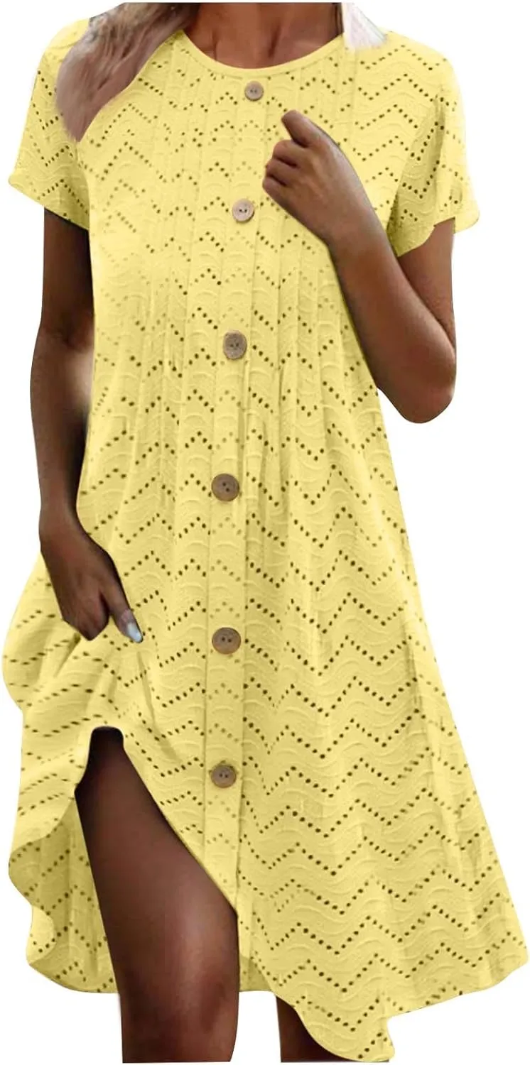 Summer Dresses for Women 2025 Trendy Crew Neck Eyelet Short Sleeve Maxi Dress Boho Beach Vacation Sundress with Pocket