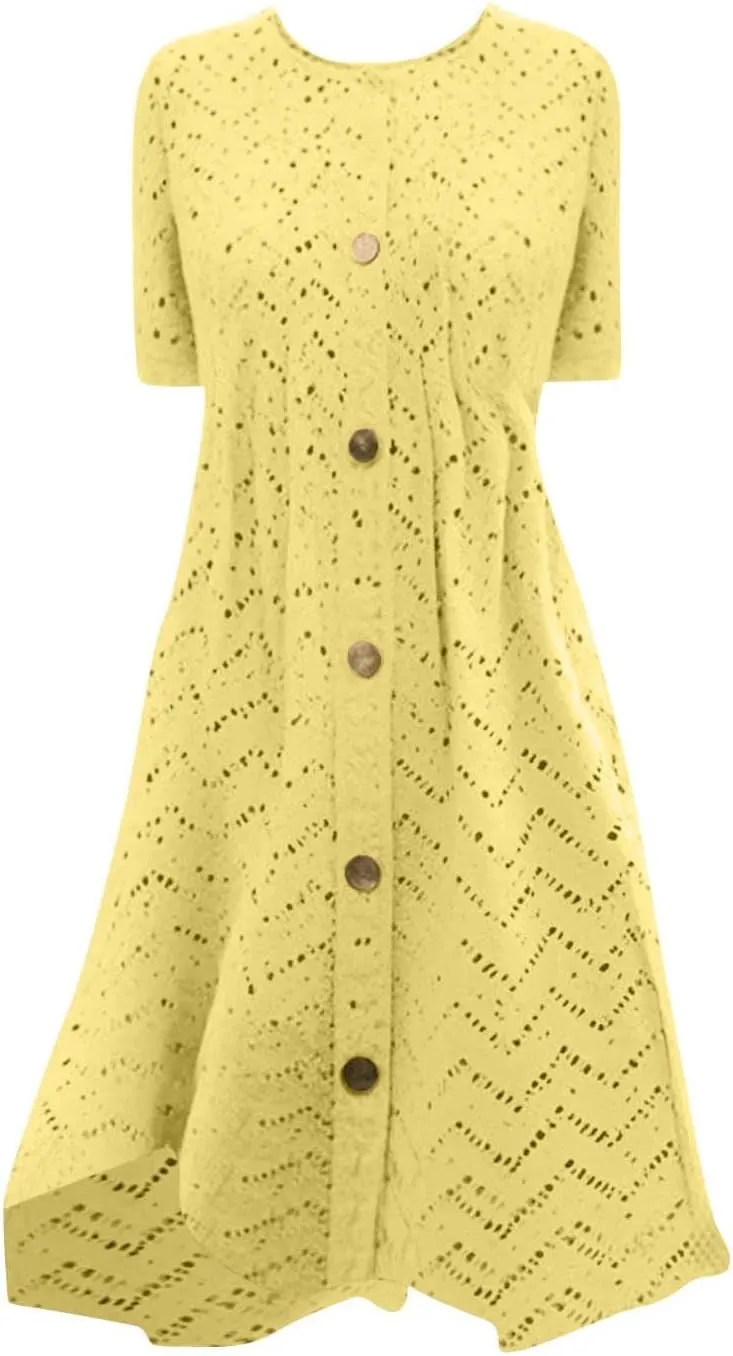 Summer Dresses for Women 2025 Trendy Crew Neck Eyelet Short Sleeve Maxi Dress Boho Beach Vacation Sundress with Pocket