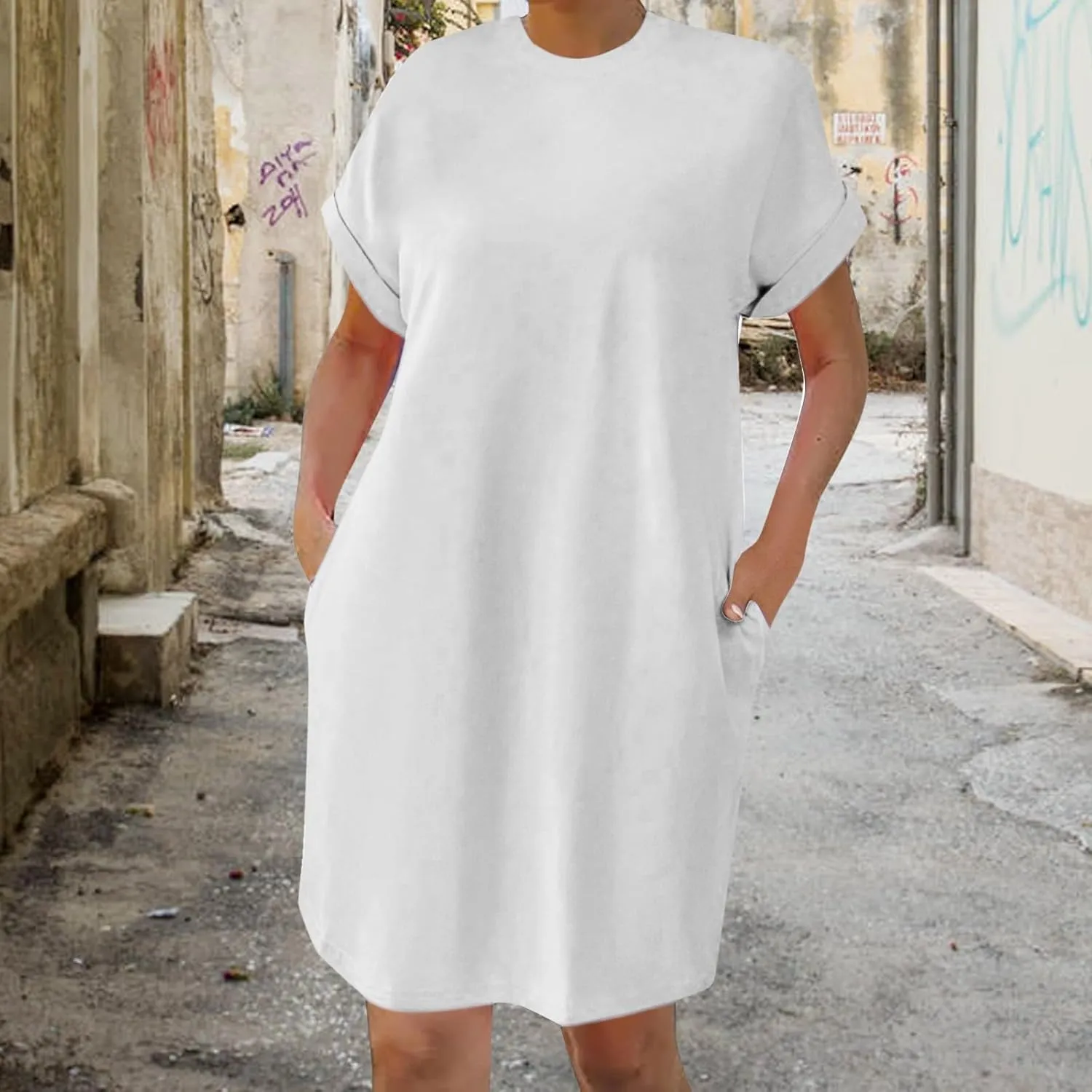 Summer Dresses for Women Casual Short Sleeve T Shirt Beach Sundress Nightgown Crew Neck Loose Fit Dress with Pockets