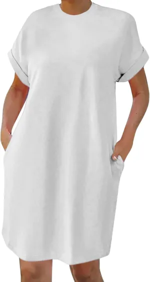 Summer Dresses for Women Casual Short Sleeve T Shirt Beach Sundress Nightgown Crew Neck Loose Fit Dress with Pockets