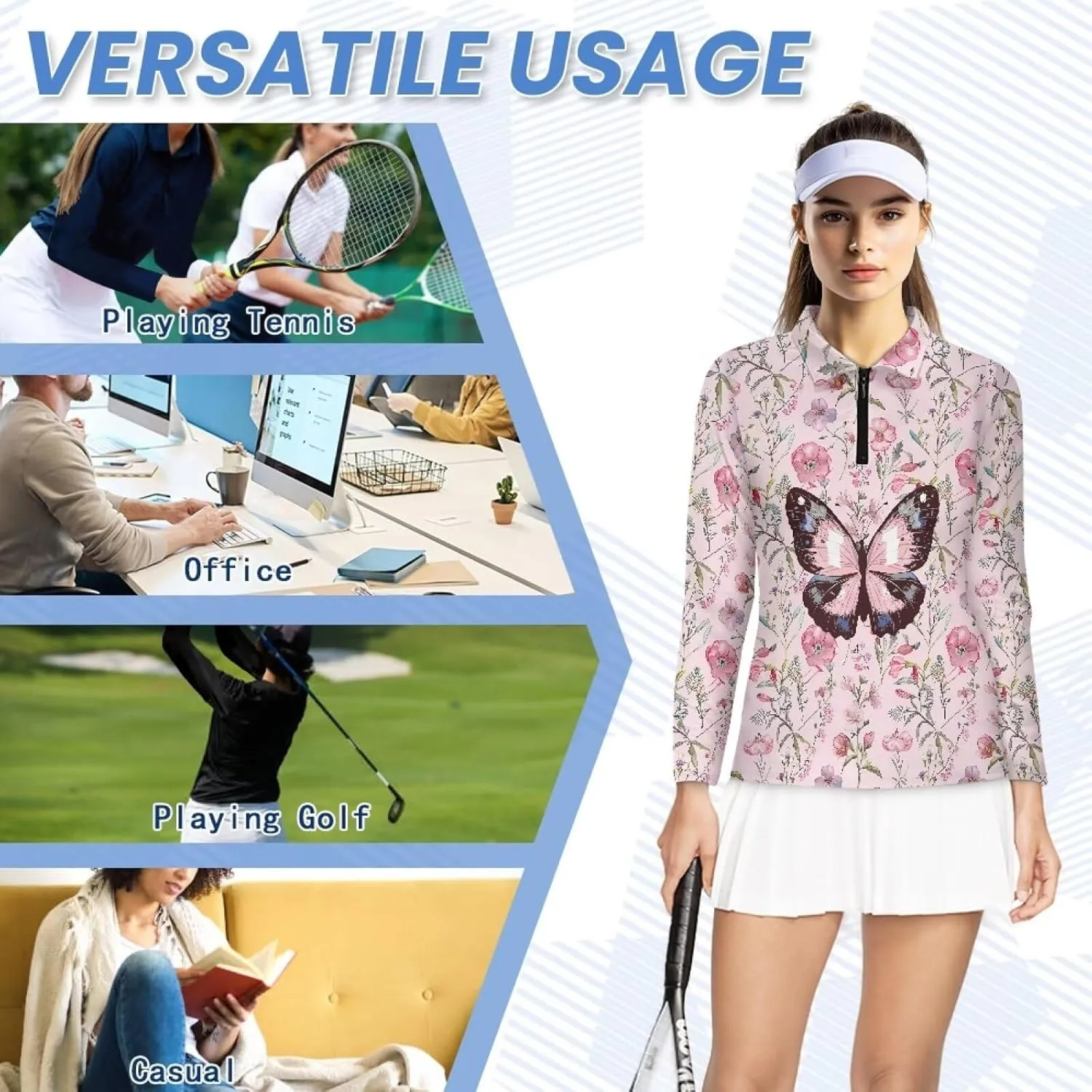 Suobstales Women's Long Sleeve Golf Polo Shirts Zip Up Pullover Workout Tops Athletic Tennis Shirt Plus Size XS-2XL