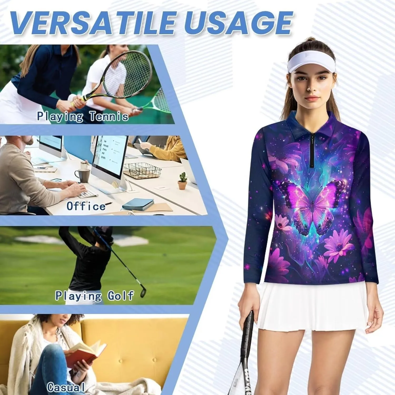 Suobstales Women's Long Sleeve Golf Polo Shirts Zip Up Pullover Workout Tops Athletic Tennis Shirt Plus Size XS-2XL