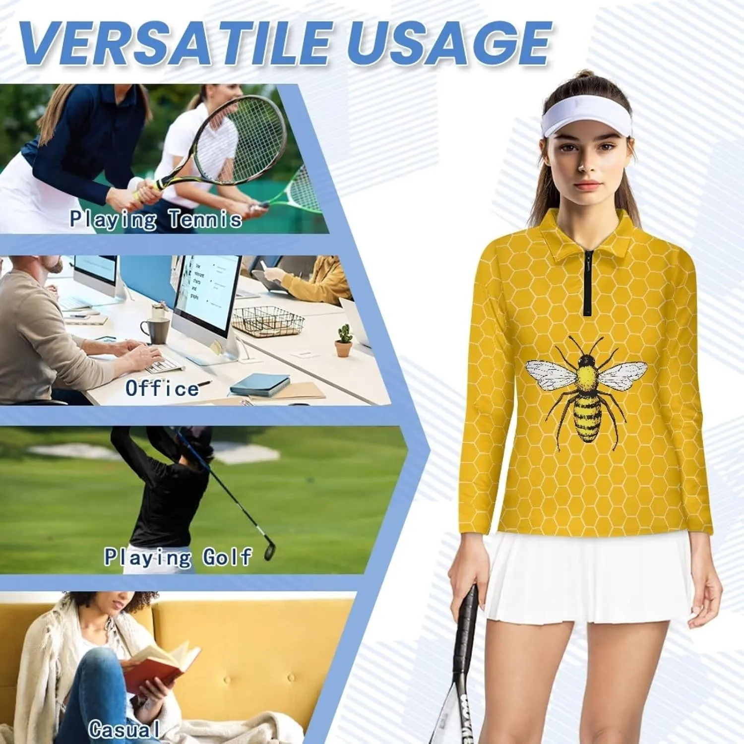 Suobstales Women's Long Sleeve Golf Polo Shirts Zip Up Pullover Workout Tops Athletic Tennis Shirt Plus Size XS-2XL