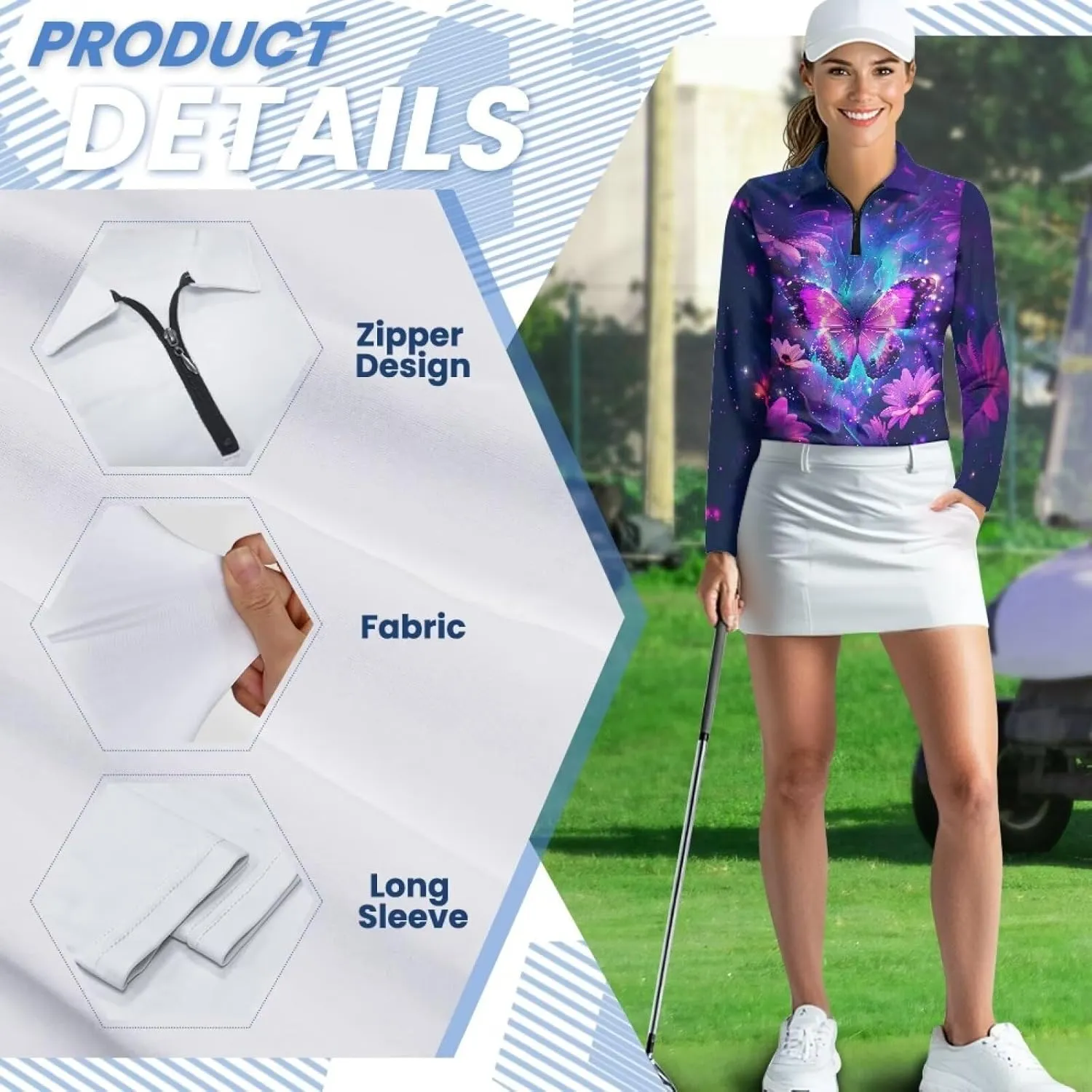 Suobstales Women's Long Sleeve Golf Polo Shirts Zip Up Pullover Workout Tops Athletic Tennis Shirt Plus Size XS-2XL