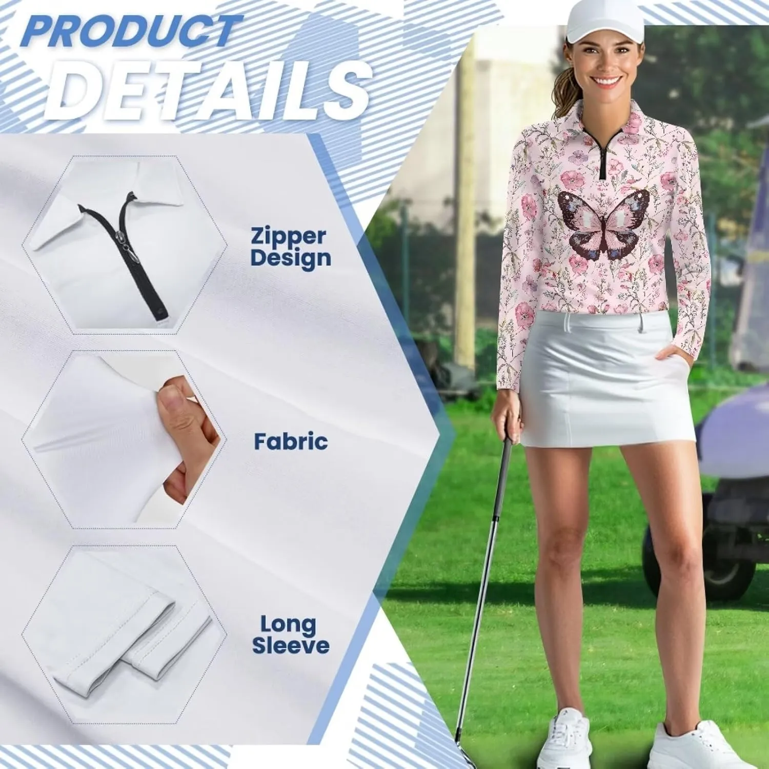 Suobstales Women's Long Sleeve Golf Polo Shirts Zip Up Pullover Workout Tops Athletic Tennis Shirt Plus Size XS-2XL