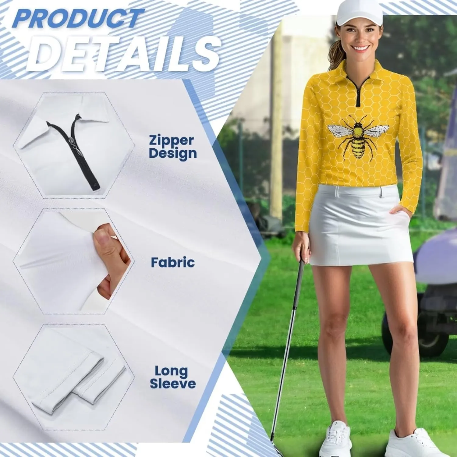 Suobstales Women's Long Sleeve Golf Polo Shirts Zip Up Pullover Workout Tops Athletic Tennis Shirt Plus Size XS-2XL