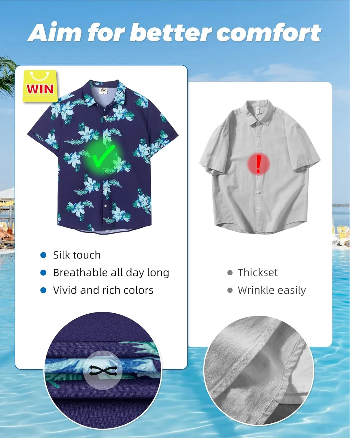 SURF CUZ Mens Casual Hawaiian Shirt Short Sleeve Stretch Button Down Quick Dry Beach Aloha Shirts