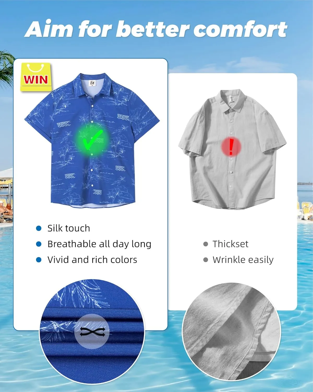 SURF CUZ Mens Casual Hawaiian Shirt Short Sleeve Stretch Button Down Quick Dry Beach Aloha Shirts