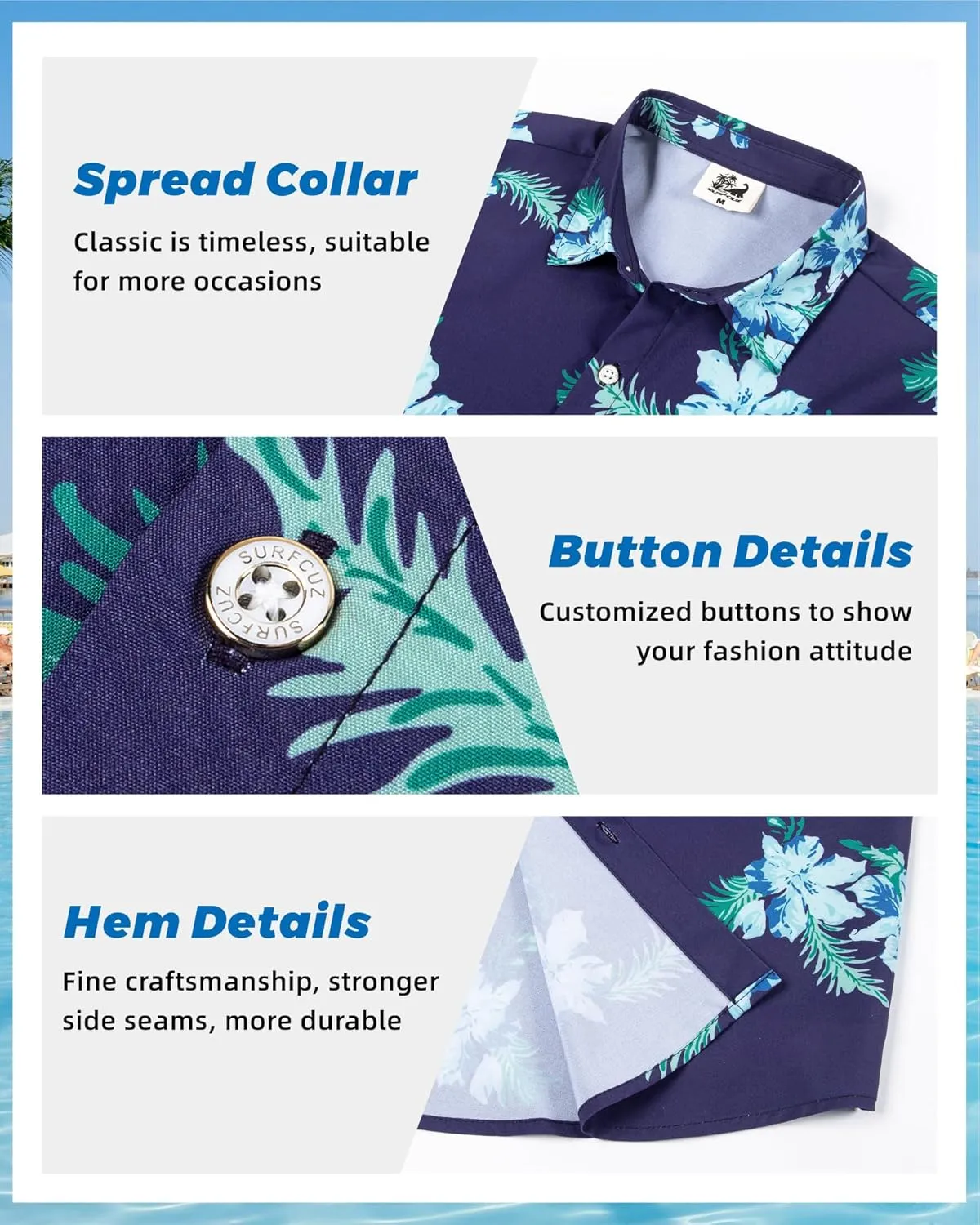 SURF CUZ Mens Casual Hawaiian Shirt Short Sleeve Stretch Button Down Quick Dry Beach Aloha Shirts