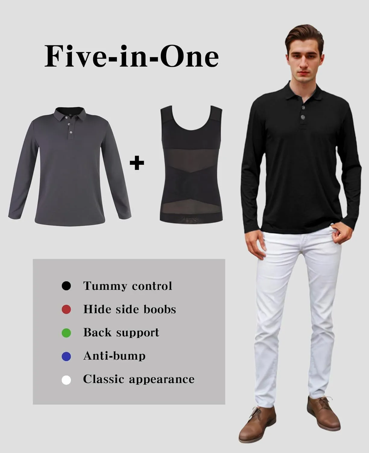 Susclude Shapewear Polo Shirts for Men Long Sleeve Shaper Compression Shirt Top for Tummy Control