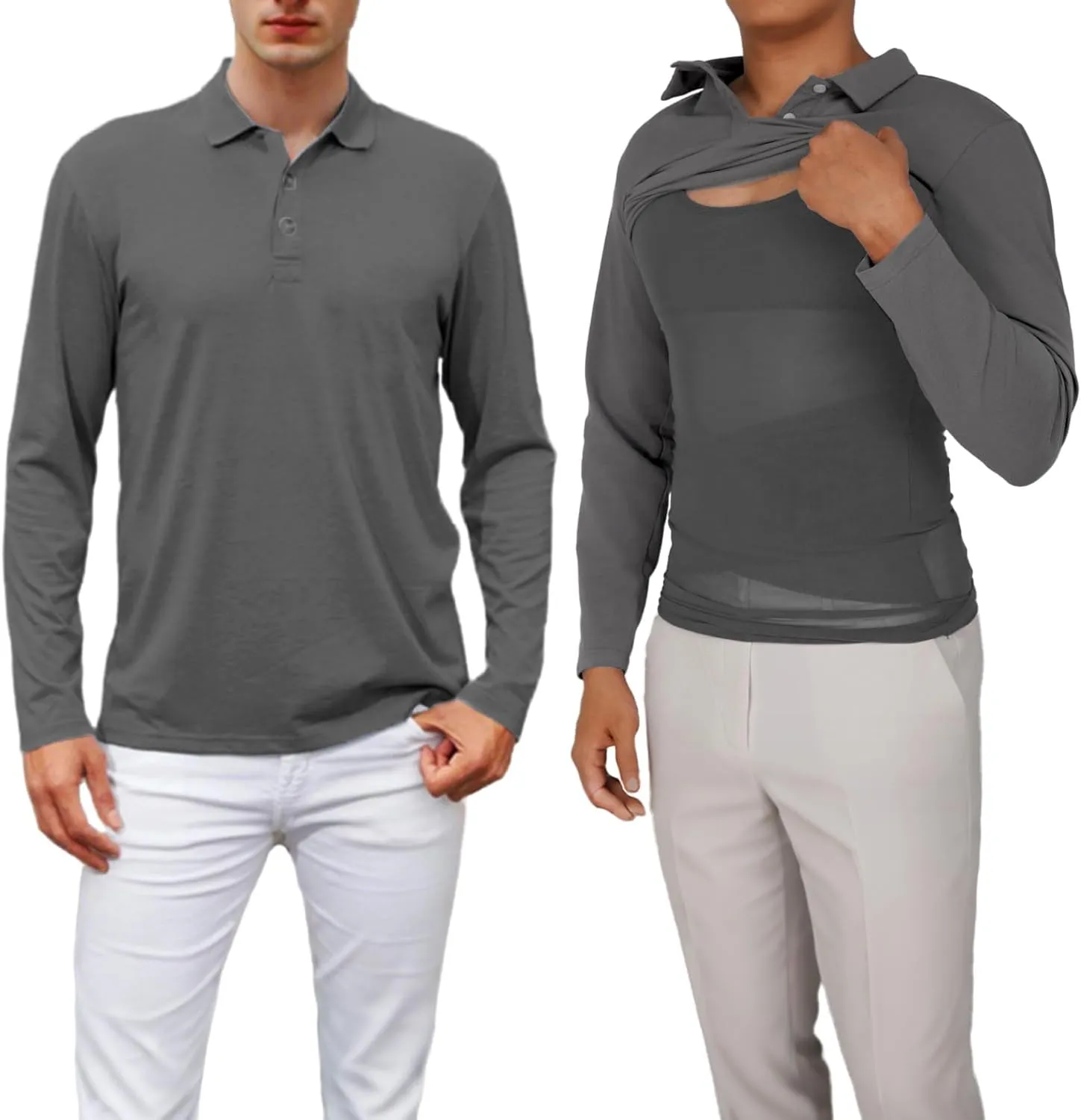 Susclude Shapewear Polo Shirts for Men Long Sleeve Shaper Compression Shirt Top for Tummy Control